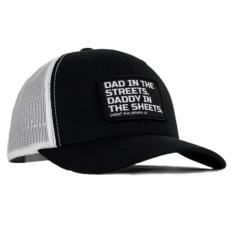 Load image into Gallery viewer, Dad In The Streets. Daddy In The Sheets. Black Patch Snapback Hat
