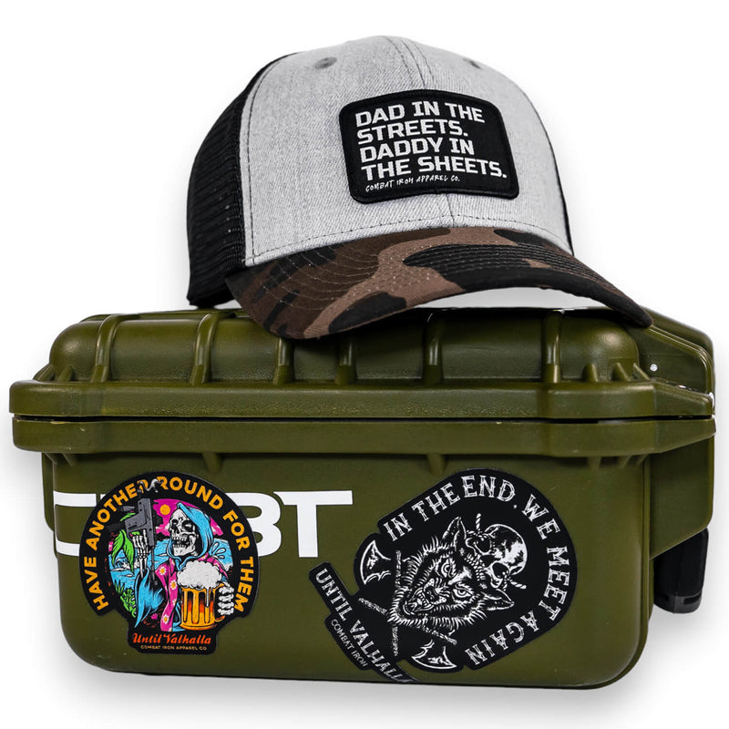 Load image into Gallery viewer, Dad In The Streets. Daddy In The Sheets. Black Patch Snapback Hat
