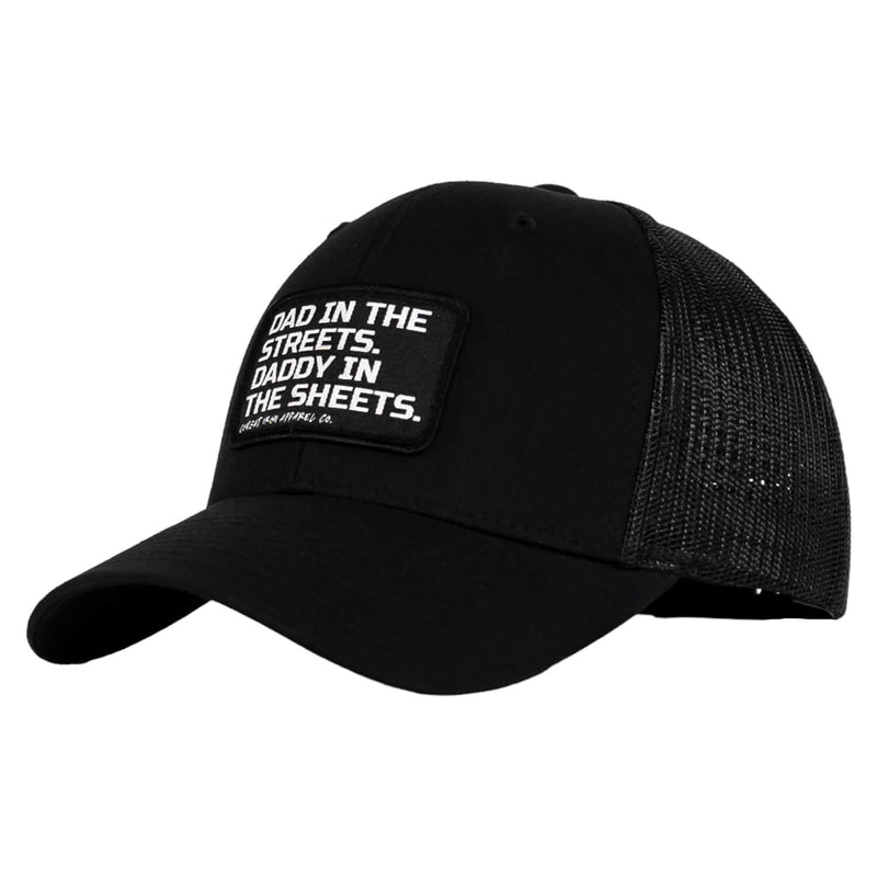 Load image into Gallery viewer, Dad In The Streets. Daddy In The Sheets. Black Patch Snapback Hat
