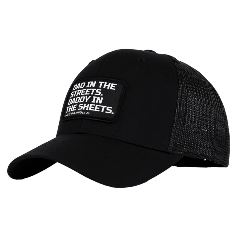Load image into Gallery viewer, Dad In The Streets. Daddy In The Sheets. Black Patch Snapback Hat
