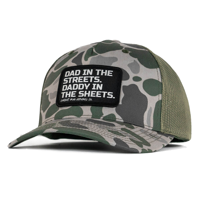 Load image into Gallery viewer, Dad In The Streets. Daddy In The Sheets. Black Patch Snapback Hat
