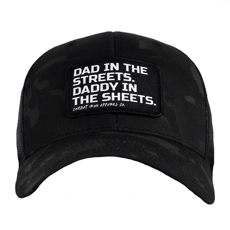 Load image into Gallery viewer, Dad In The Streets. Daddy In The Sheets. Black Patch Snapback Hat
