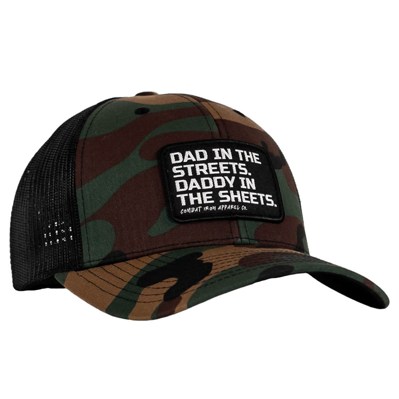 Load image into Gallery viewer, Dad In The Streets. Daddy In The Sheets. Black Patch Snapback Hat
