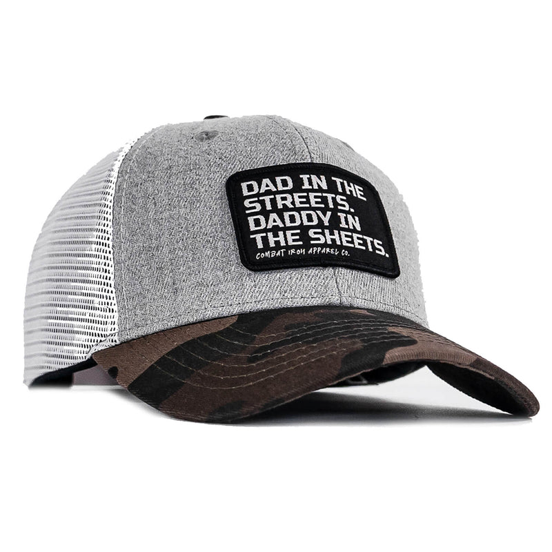 Load image into Gallery viewer, Dad In The Streets. Daddy In The Sheets. Black Patch Snapback Hat
