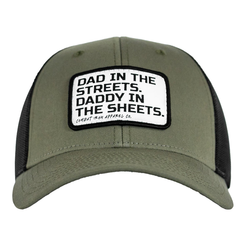 Load image into Gallery viewer, Dad In The Streets. Daddy In The Sheets. White Patch Snapback Hat
