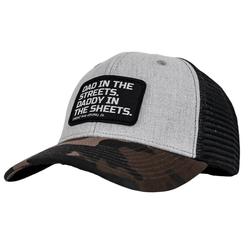 Load image into Gallery viewer, Dad In The Streets. Daddy In The Sheets. Black Patch Snapback Hat
