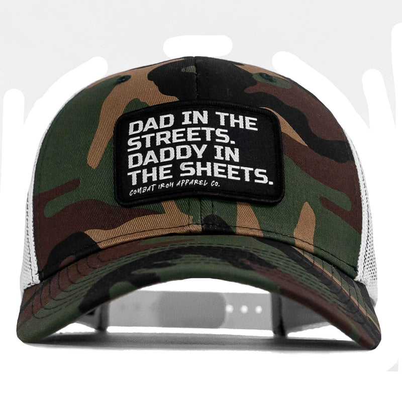 Load image into Gallery viewer, Dad In The Streets. Daddy In The Sheets. Black Patch Snapback Hat

