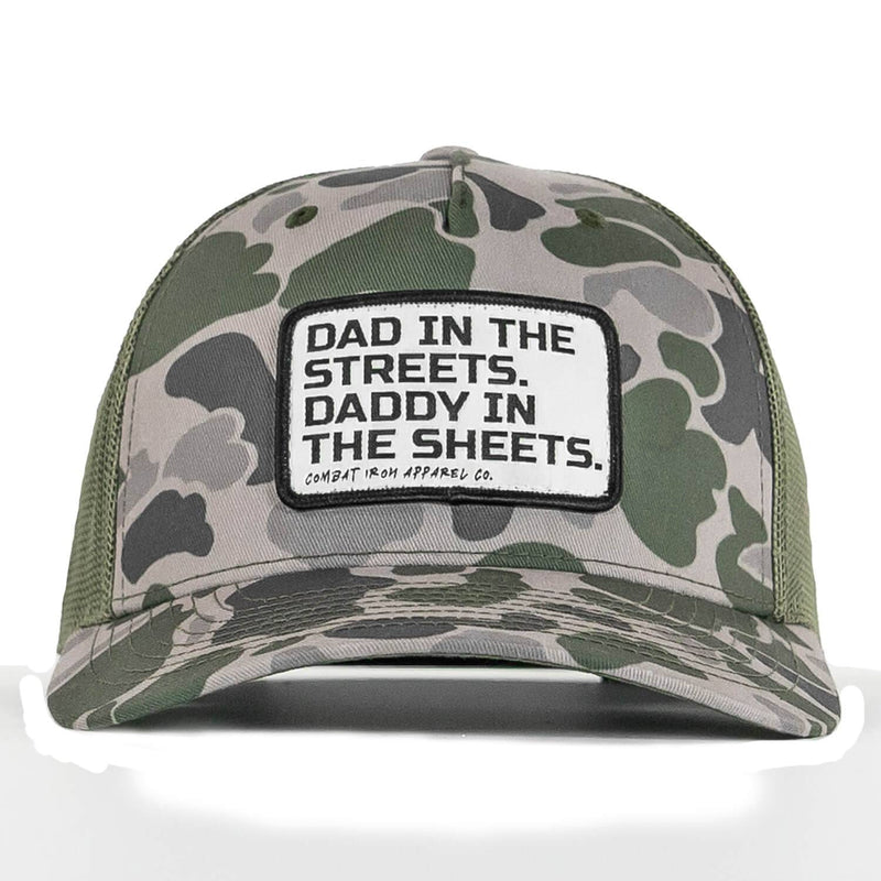 Load image into Gallery viewer, Dad In The Streets. Daddy In The Sheets. White Patch Snapback Hat
