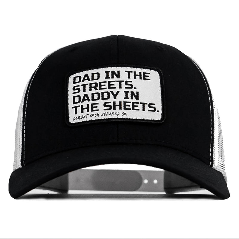 Load image into Gallery viewer, Dad In The Streets. Daddy In The Sheets. White Patch Snapback Hat
