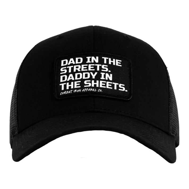 Load image into Gallery viewer, Dad In The Streets. Daddy In The Sheets. Black Patch Snapback Hat
