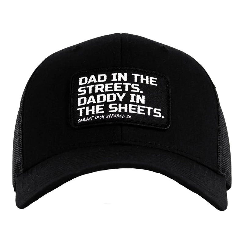 Load image into Gallery viewer, Dad In The Streets. Daddy In The Sheets. Black Patch Snapback Hat
