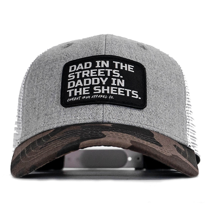 Load image into Gallery viewer, Dad In The Streets. Daddy In The Sheets. Black Patch Snapback Hat
