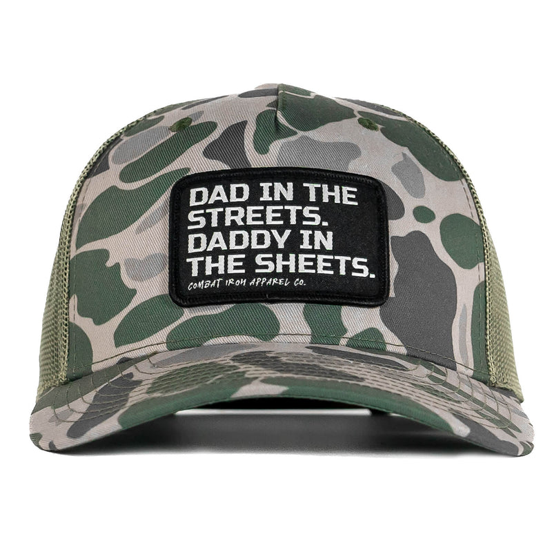 Load image into Gallery viewer, Dad In The Streets. Daddy In The Sheets. Black Patch Snapback Hat
