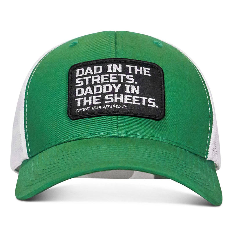 Load image into Gallery viewer, Dad In The Streets. Daddy In The Sheets. Black Patch Snapback Hat
