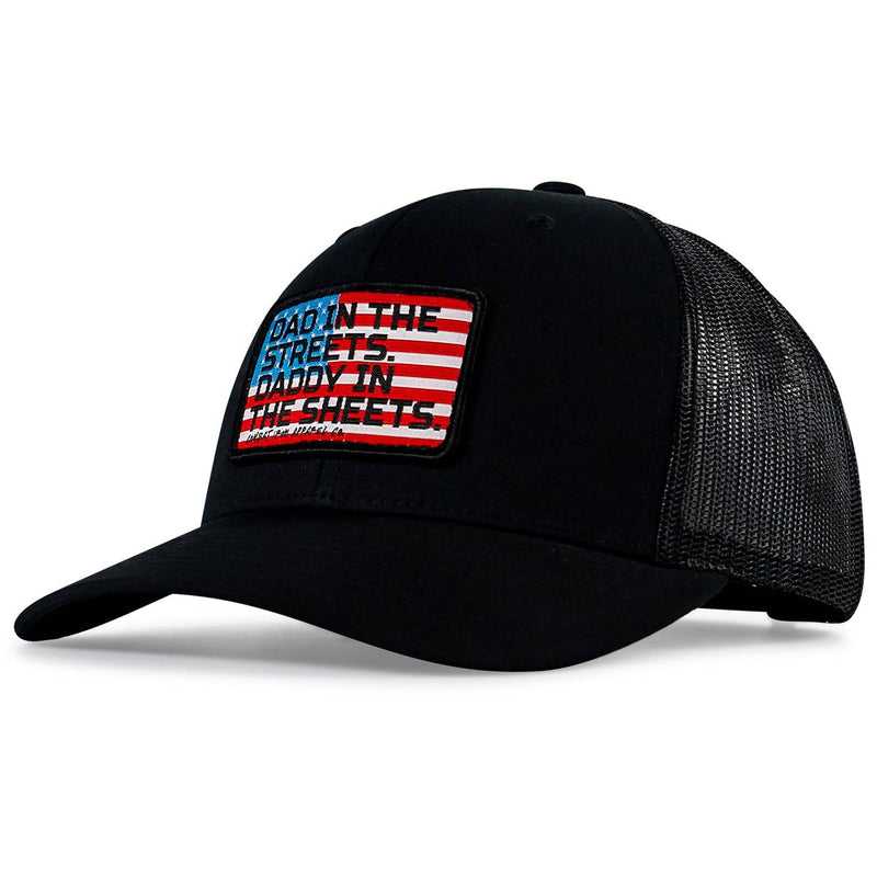 Load image into Gallery viewer, Dad In The Streets. Daddy In The Sheets. American Flag Patch Snapback Hat
