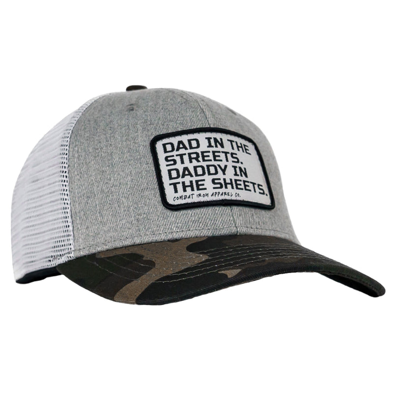 Load image into Gallery viewer, Dad In The Streets. Daddy In The Sheets. White Patch Snapback Hat
