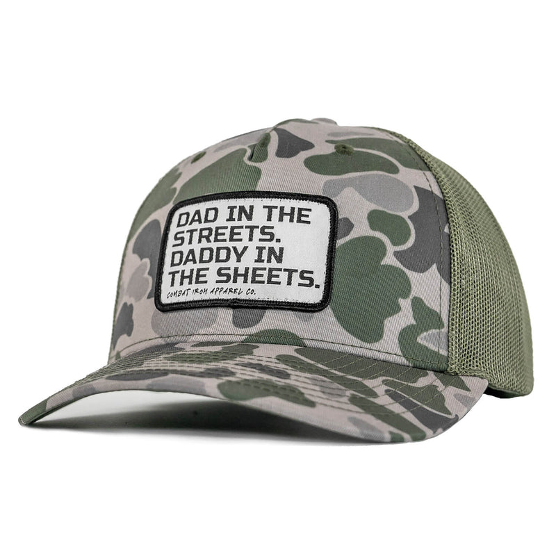 Load image into Gallery viewer, Dad In The Streets. Daddy In The Sheets. White Patch Snapback Hat
