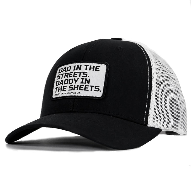 Load image into Gallery viewer, Dad In The Streets. Daddy In The Sheets. White Patch Snapback Hat
