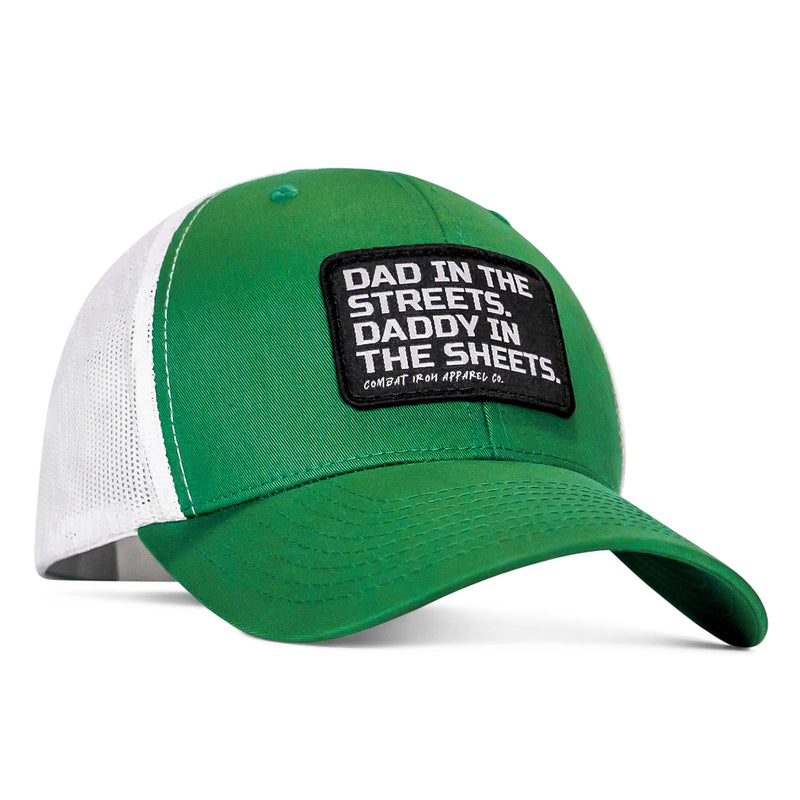 Load image into Gallery viewer, Dad In The Streets. Daddy In The Sheets. Black Patch Snapback Hat
