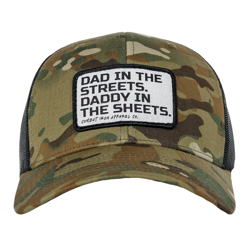 Load image into Gallery viewer, Dad In The Streets. Daddy In The Sheets. White Patch Snapback Hat
