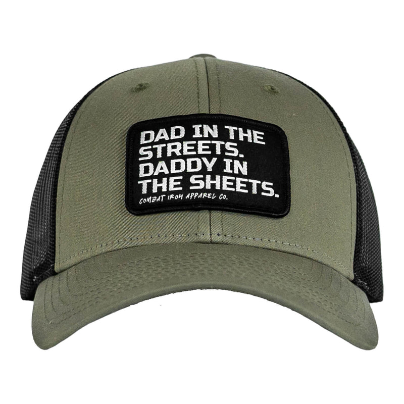 Load image into Gallery viewer, Dad In The Streets. Daddy In The Sheets. Black Patch Snapback Hat
