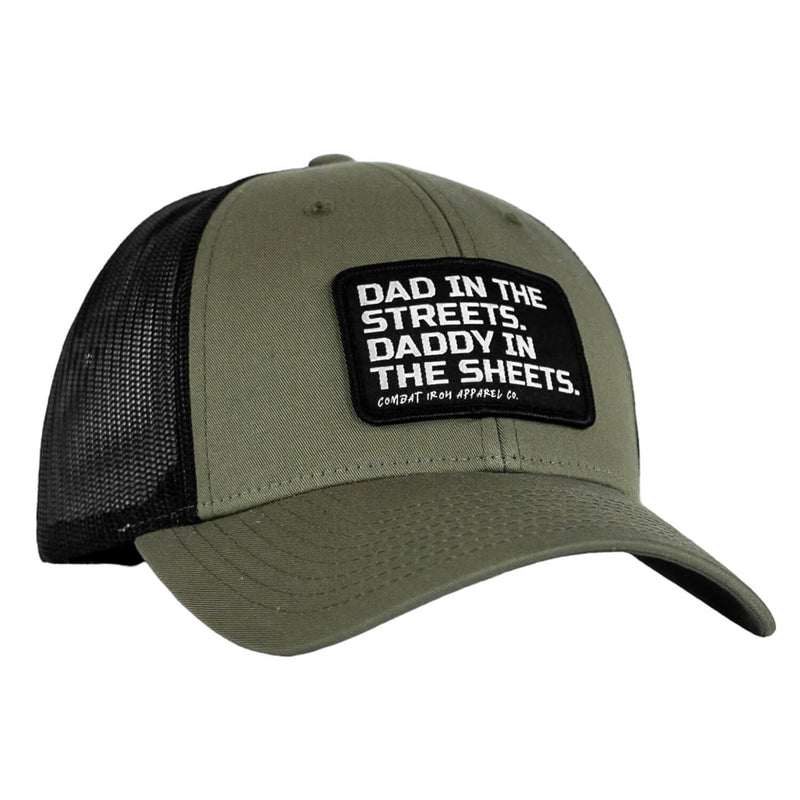 Load image into Gallery viewer, Dad In The Streets. Daddy In The Sheets. Black Patch Snapback Hat
