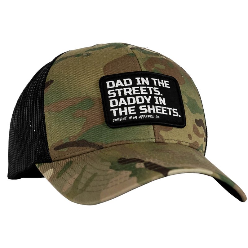 Load image into Gallery viewer, Dad In The Streets. Daddy In The Sheets. Black Patch Snapback Hat
