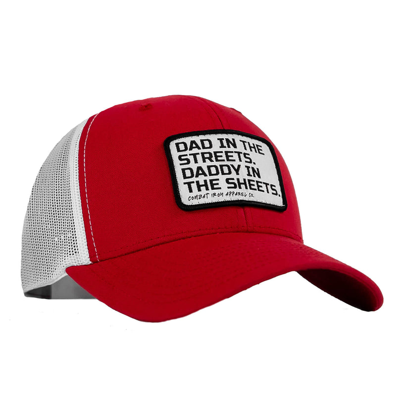 Load image into Gallery viewer, Dad In The Streets. Daddy In The Sheets. White Patch Snapback Hat
