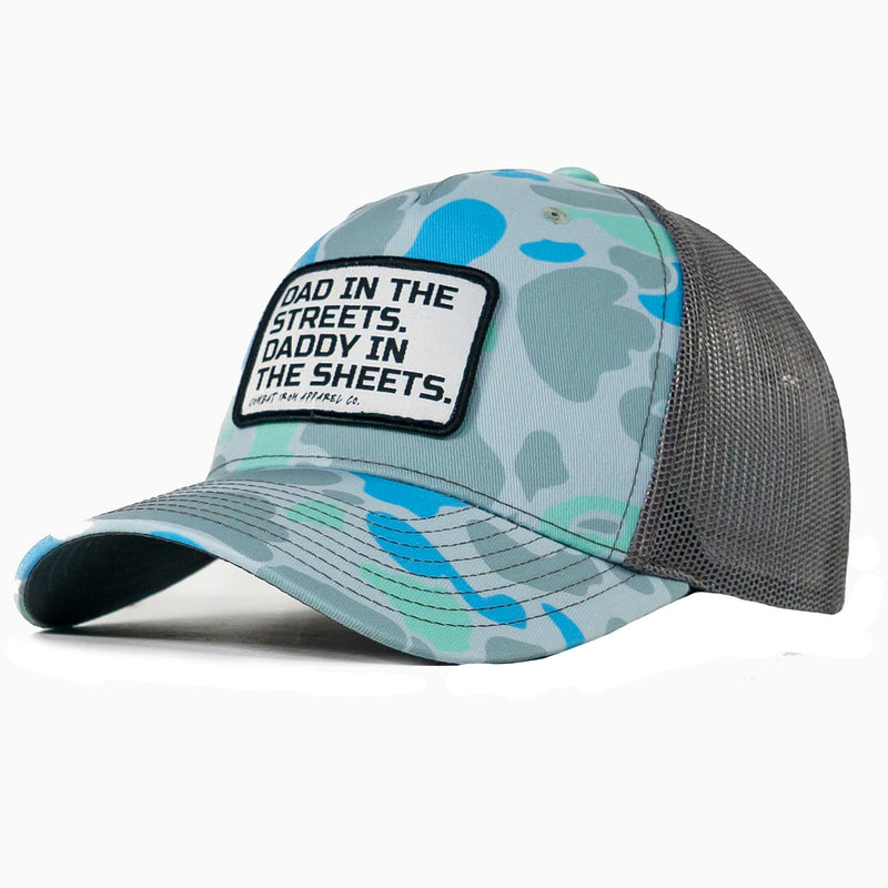 Load image into Gallery viewer, Dad In The Streets. Daddy In The Sheets. White Patch Snapback Hat
