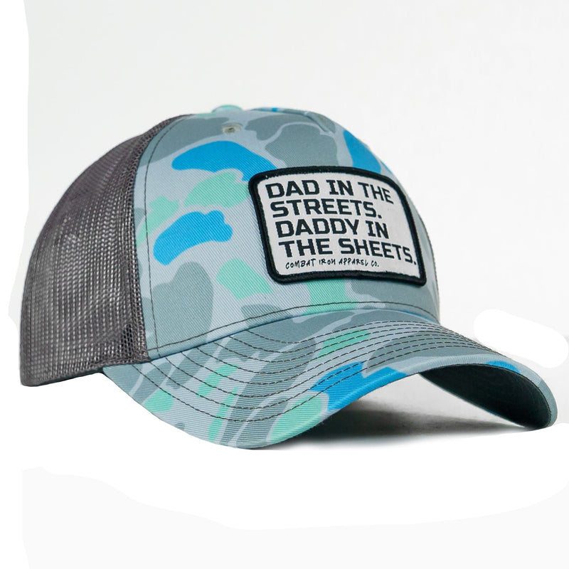 Load image into Gallery viewer, Dad In The Streets. Daddy In The Sheets. White Patch Snapback Hat
