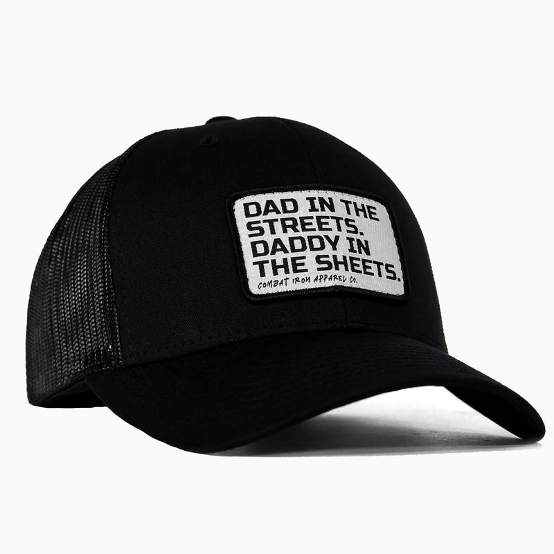 Load image into Gallery viewer, Dad In The Streets. Daddy In The Sheets. White Patch Snapback Hat
