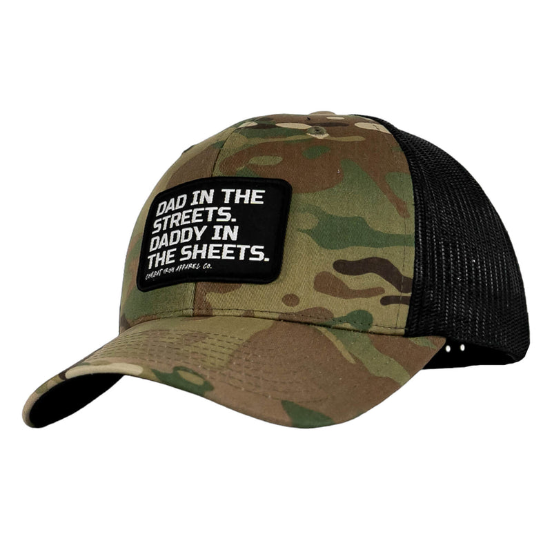 Load image into Gallery viewer, Dad In The Streets. Daddy In The Sheets. Black Patch Snapback Hat
