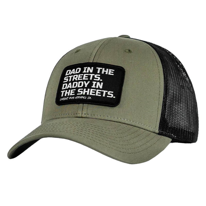 Load image into Gallery viewer, Dad In The Streets. Daddy In The Sheets. Black Patch Snapback Hat

