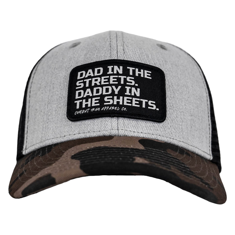 Load image into Gallery viewer, Dad In The Streets. Daddy In The Sheets. Black Patch Snapback Hat
