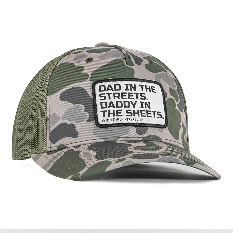 Load image into Gallery viewer, Dad In The Streets. Daddy In The Sheets. White Patch Snapback Hat
