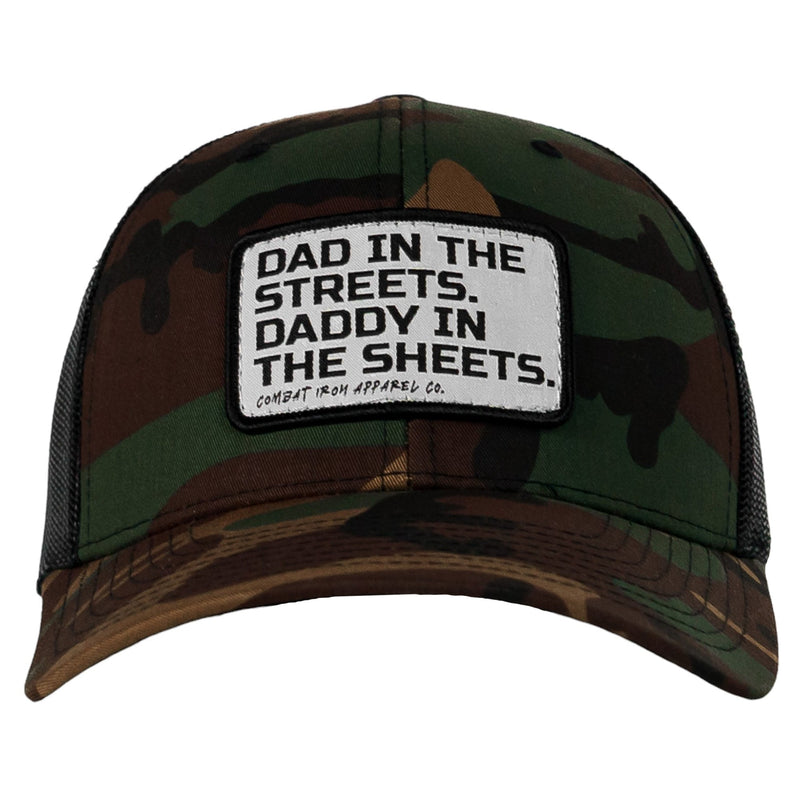 Load image into Gallery viewer, Dad In The Streets. Daddy In The Sheets. White Patch Snapback Hat
