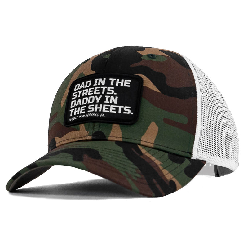 Load image into Gallery viewer, Dad In The Streets. Daddy In The Sheets. Black Patch Snapback Hat
