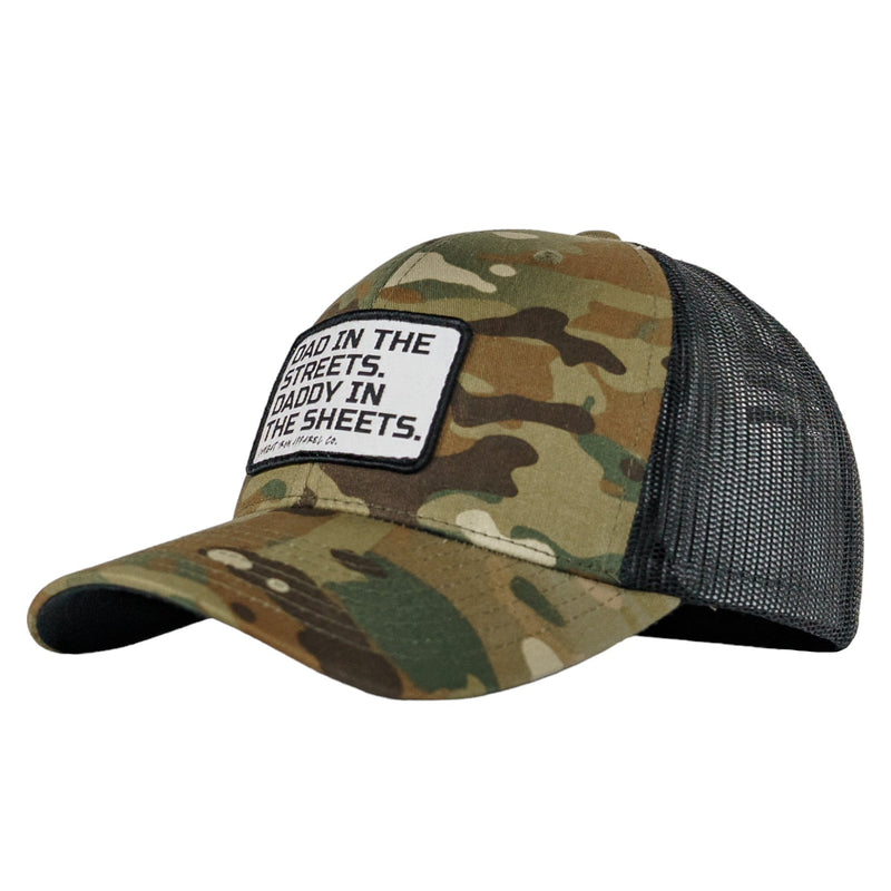 Load image into Gallery viewer, Dad In The Streets. Daddy In The Sheets. White Patch Snapback Hat
