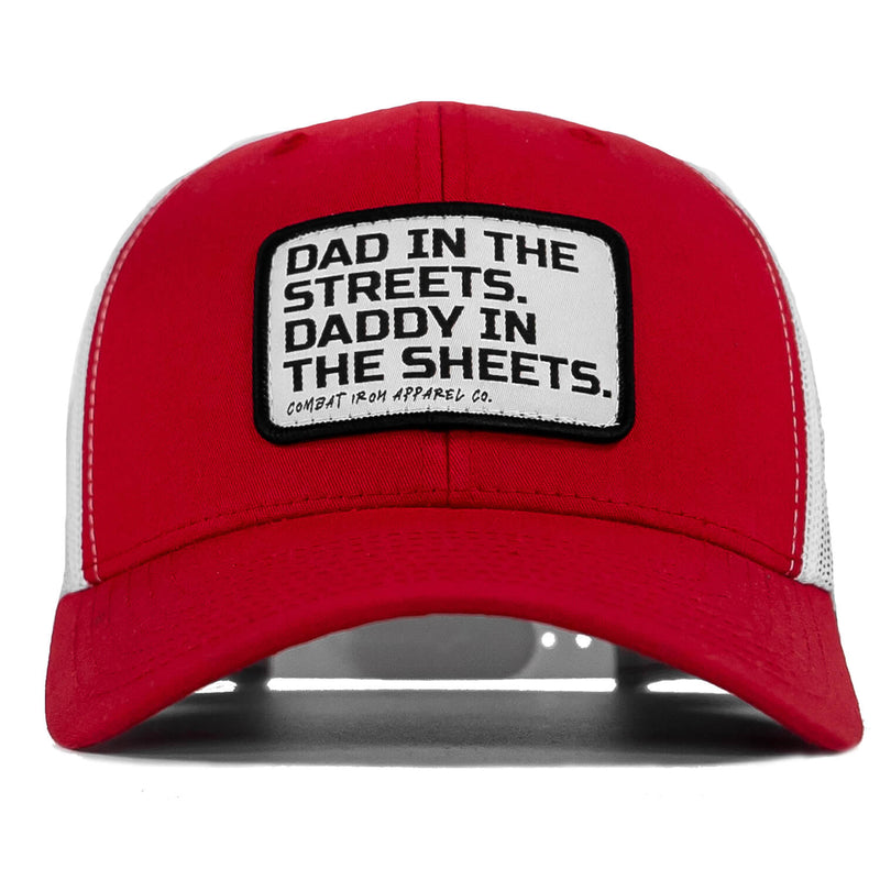 Load image into Gallery viewer, Dad In The Streets. Daddy In The Sheets. White Patch Snapback Hat
