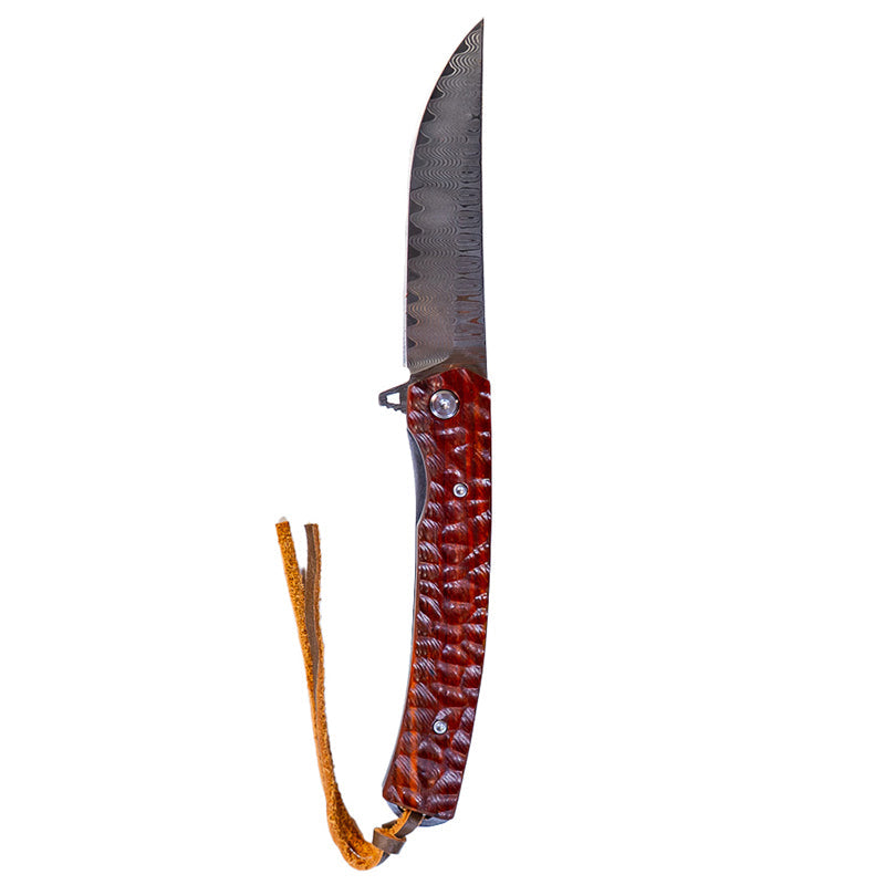 Load image into Gallery viewer, Damascus Flipper Knife Scraped Wood Handle Liner Lock 3.75" Blade 8.2" EDC
