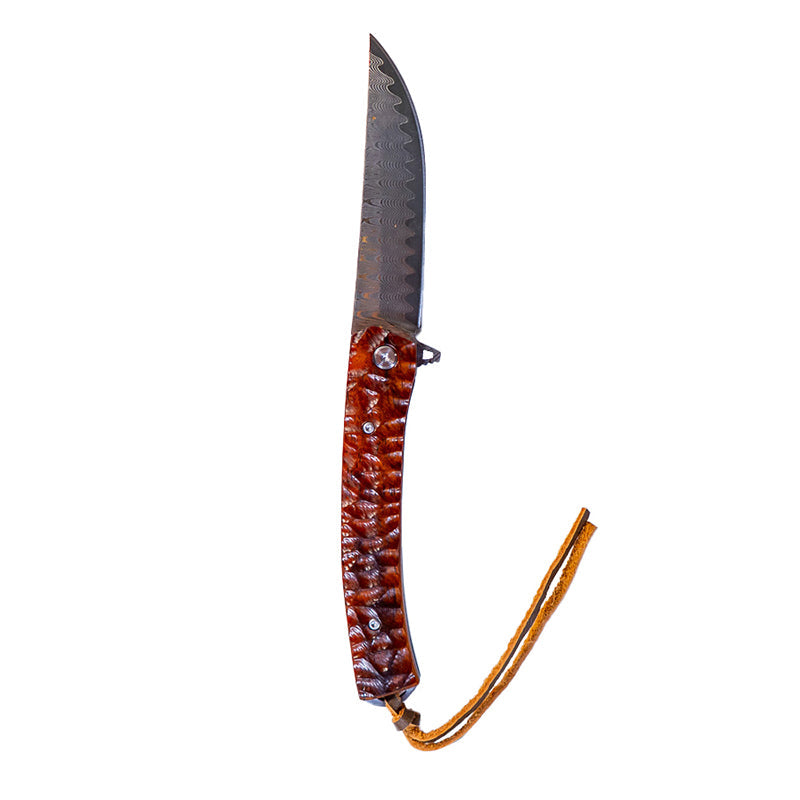 Load image into Gallery viewer, Damascus Flipper Knife Scraped Wood Handle Liner Lock 3.75" Blade 8.2" EDC
