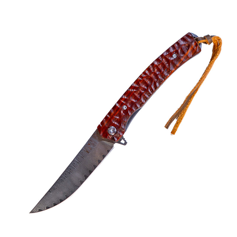 Load image into Gallery viewer, Damascus Flipper Knife Scraped Wood Handle Liner Lock 3.75" Blade 8.2" EDC
