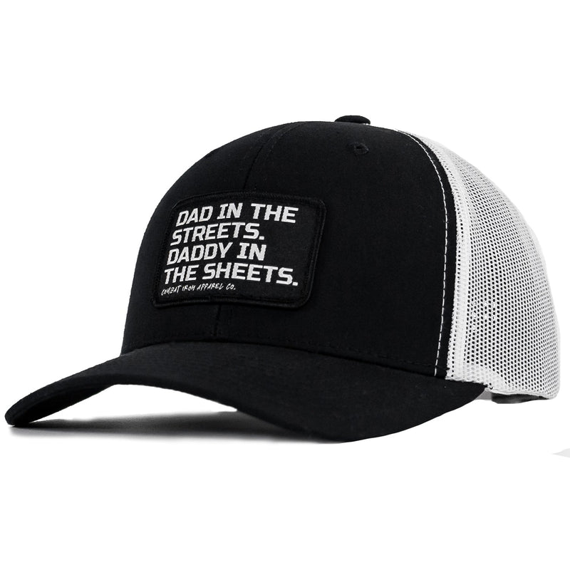 Load image into Gallery viewer, Dad In The Streets. Daddy In The Sheets. Black Patch Snapback Hat
