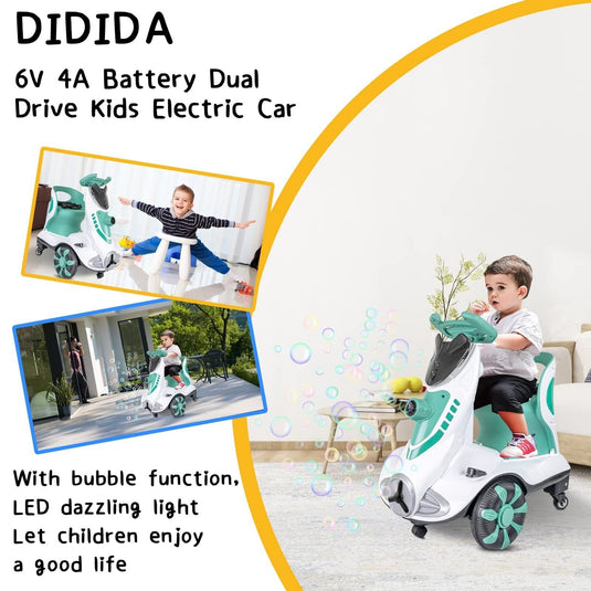 Didida 6V Dual Drive Kids Ride on Car with Automatic Bubble Function and Fun Accessories