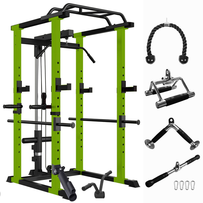 Load image into Gallery viewer, 1000 lbs. capacity Green Multi-functional Power Cage, Home Adjustable Pullup Squat Rack Comprehensive Fitness Barbell Rack
