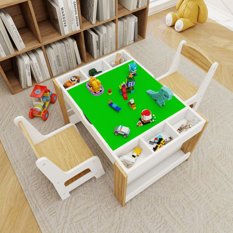 Load image into Gallery viewer, 2 in 1 Play Table and 2 Chair Set with Storage, Compatible with LEGO and Duplo Bricks, Activity Table Playset Furniture with Modern White Color
