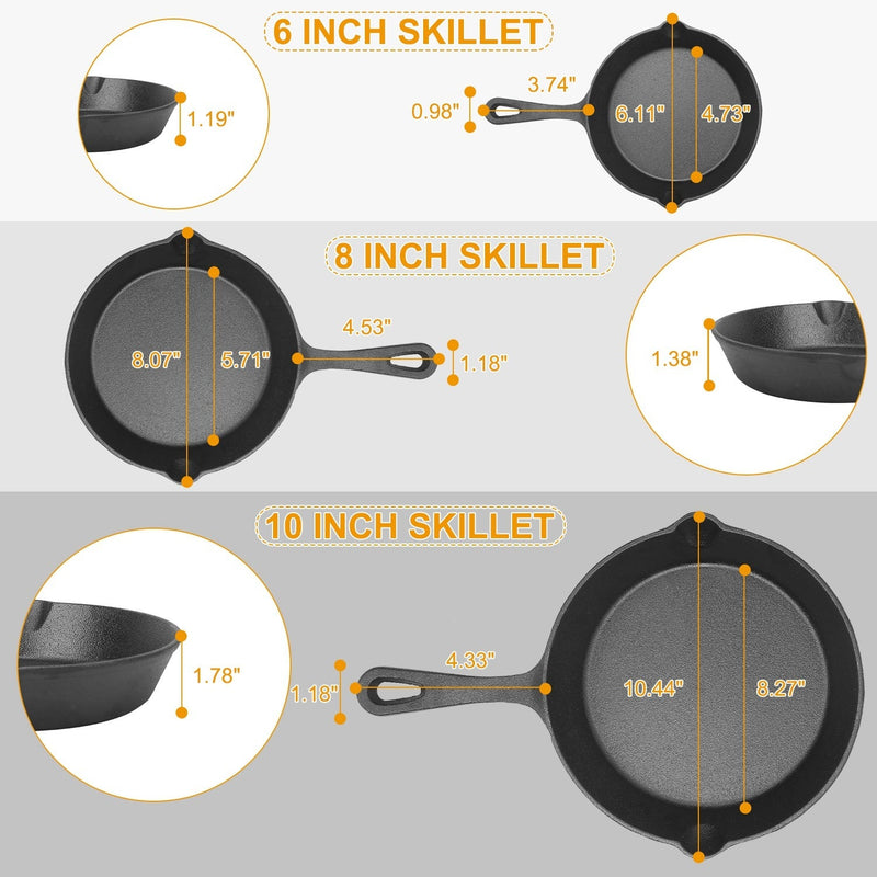 Load image into Gallery viewer, 3Pcs Pre-Seasoned Cast Iron Skillet Set 6/8/10in Non-Stick Oven Safe Cookware Heat-Resistant Frying Pan
