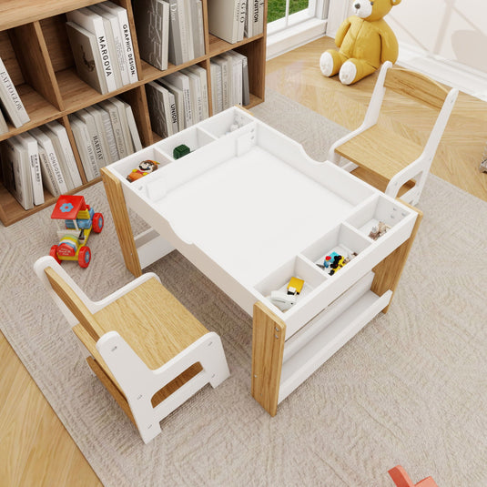 2 in 1 Play Table and 2 Chair Set with Storage, Compatible with LEGO and Duplo Bricks, Activity Table Playset Furniture with Modern White Color