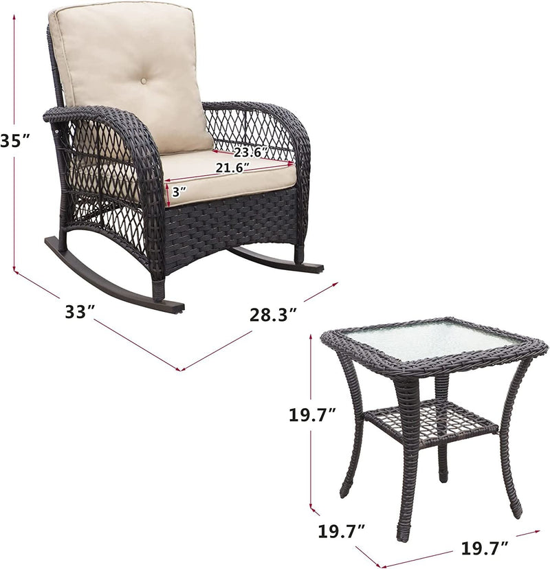 Load image into Gallery viewer, 3 Pieces Outdoor Wicker Rocker Patio Bistro Set;  Rocking Glider Chairs with Premium Cushions and Armored Glass Top Side Table;  Elegant Wicker Patio Bistro Conversation Sets for Backyard
