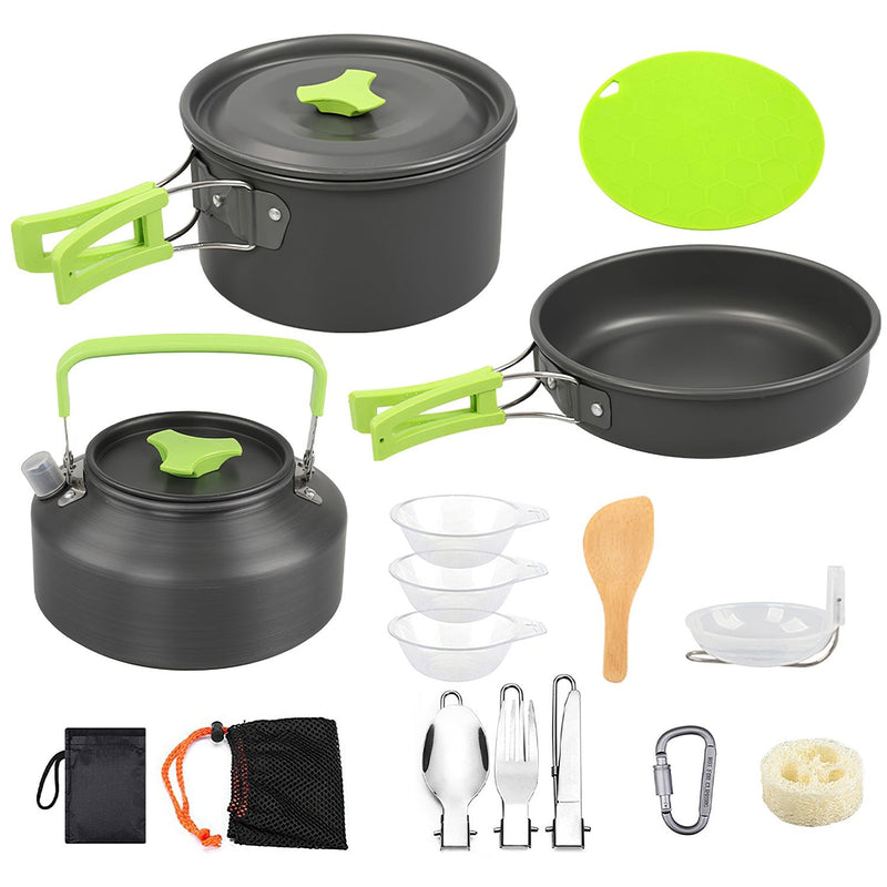 Load image into Gallery viewer, 16Pcs Camping Cooking Ware Set Camping Stove Cookware Kit Aluminum Pot Pan Kettle Set with Bowls Knife Fork Spoon Carabiner Spatula Cutting Board for Hiking Picnic Outdoor
